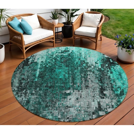 Homeroots 8' Teal Blue Aqua And Gray Round Abstract Washable Indoor Outdoor Area Rug 577249