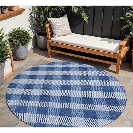 Homeroots 8' Navy Blue And Ivory Round Plaid Washable Indoor Outdoor Area Rug 595501