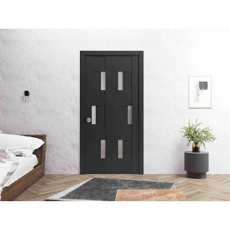 Vdomdoors Sliding Closet Bi-fold Doors 36 x 80in, Sete 6933 Matte Black W/ Frosted Glass, Sturdy Tracks SETE6933BF-BLK-36
