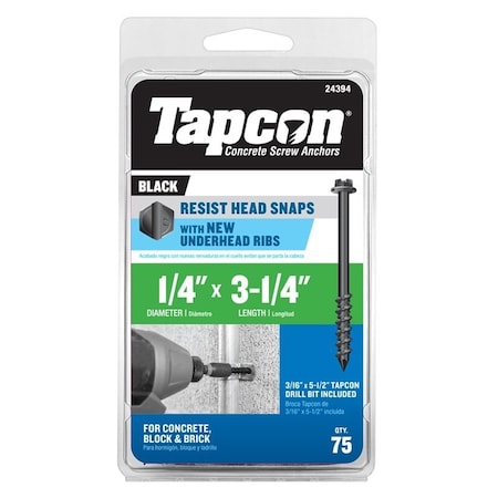 Tapcon Concrete Screw Anchor, 1/4 in Dia, 3-1/4 in L, Steel, Climaseal, 75PK 24394