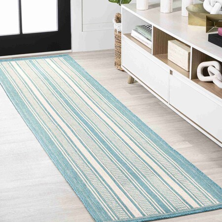 Jonathan Y Haynes Modern Double Stripe Aqua/Beige 2 ft. x 8 ft. Indoor/Outdoor Runner Rug SMB202A-28