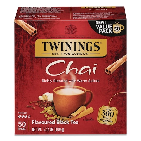 Twinings Tea Bags, Chai Black Tea, 0.07 oz Tea Bag, 50PK TNA55503