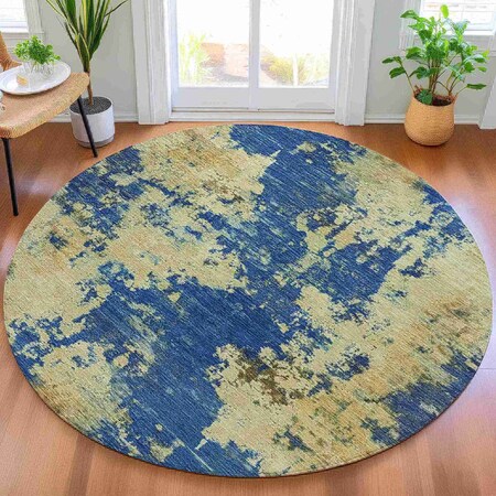 Homeroots 8' Navy Blue And Beige Round Abstract Washable Indoor Outdoor Area Rug 630695