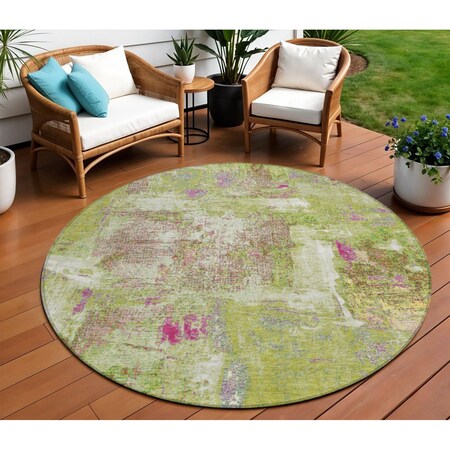Homeroots 8' Lime Green Ivory And Pink Round Abstract Washable Indoor Outdoor Area Rug 596874