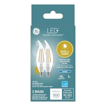 Ge LED+ 93121491 Dusk To Dawn Light Bulb, CAC Lamp, 60 W Equivalent, Candelabra E12 Lamp Base, PK2 93131706