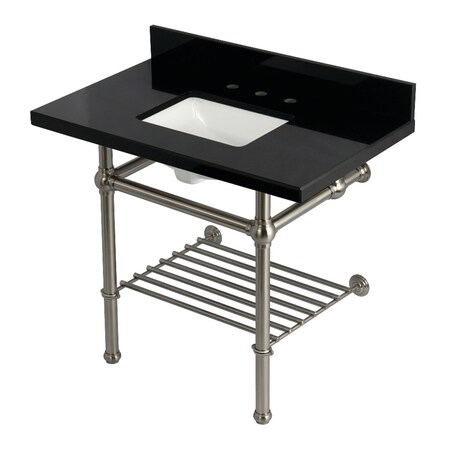 Kingston Brass 36-Inch Black Granite Console Sink with Brass Legs and Shelf, 8-Inch, 3-Hole KVPK3630KBSQB8