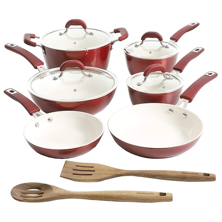 Kenmore Arlington 12 Piece Aluminum Ceramic Coated Nonstick Cookware Set in Metallic Red 126358.12
