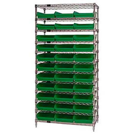 Global Industrial Chrome Wire Shelving with 33 4"H Plastic Shelf Bins Green, 36x18x74 268975GN