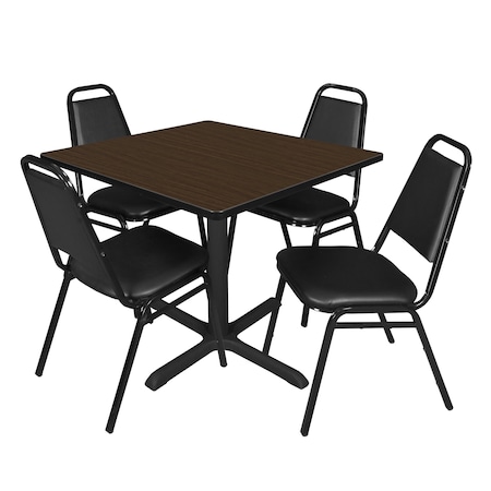 Regency Square Cain Breakroom Table W/ 4 Restaurant Stack Chairs, 42 in W, 42 in L, Neo Walnut TB4242NW29BK