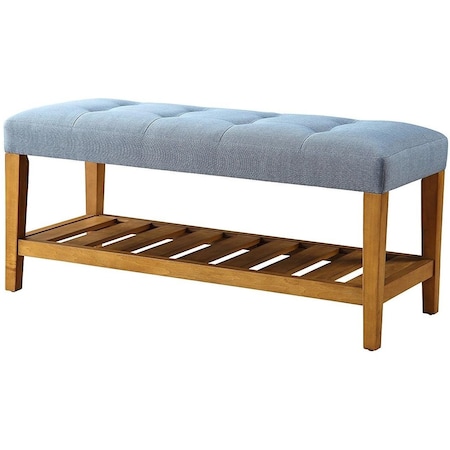 Homeroots 40in Blue and Brown Tufted Fabric Upholstered Storage Bench with Shelves 286431