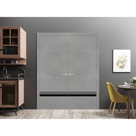 Sartodoors Planum Solid French Double Doors, Planum 0012 Concrete and Aluminum Strips, Wood Solid Panel Frame PLANUM0012DD-BTN-36