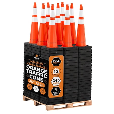 Xpose Safety FDOT 36 Inch Orange Traffic Cone with 6in & 4in Reflective Collars 12lb, Florida DOT #, 243PK OTC36-64-FL-FP243-X