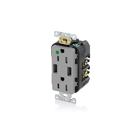 Leviton USB Receptacle, 15 A, 1/2 hp, Gray, PBT T5632-HGG