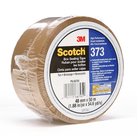 Scotch Carton Sealing Tape, 2.5 mil Thick, 2 in W x 50 m L, 3 in Core Dia., Tan 373