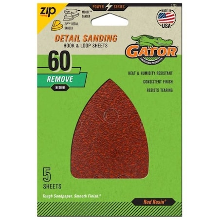 Gator Sanding Sheet, 3-1/2 in W, 5 in L, 60 Grit, Coarse, Aluminum Oxide Abrasive, Paper Backing 3733