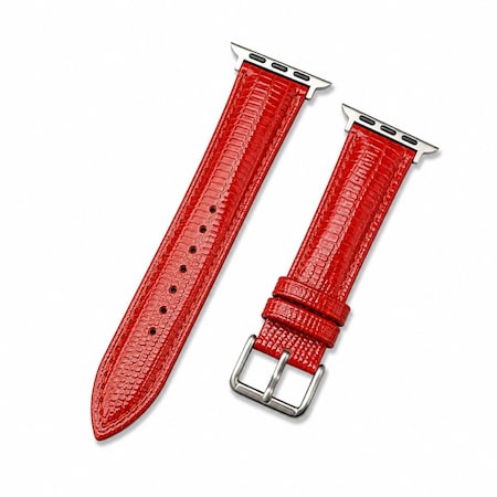 Elegani Leather Band Compatible with Apple Watch 46mm, Red, Red/Rose Gold/Yellow Gold Buckle LZQR2-RED-46