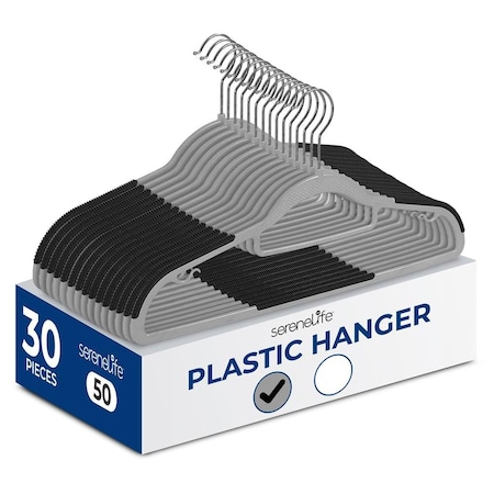 Serenelife Plastic Clothes Hangers, Hanger Set with Non-Slip Rubber Pad and 360 degrees Swivel Metal, 30PK SLHRBGY30