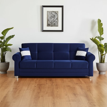 Homeroots 89" Blue Microfiber Convertible Futon Sleeper Sofa And Toss Pillows With Storage 607154