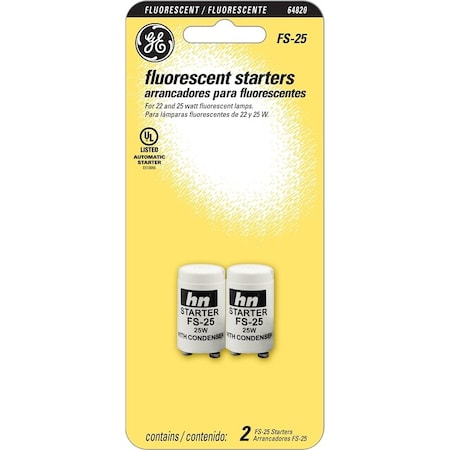 Ge Fluorescent Starter, 22, 25 W, 2PK 64820