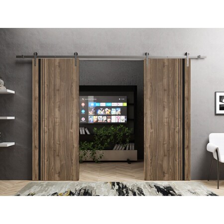 Sartodoors Sliding Double Barn Doors with Hardware, Planum 0011 Walnut and Aluminum Strips, 13FT Rail Hangers PLANUM0011DB-S-WLN-48