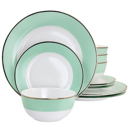 Martha Stewart Gold Rimmed 12 Piece Fine Ceramic Dinnerware Set in Mint 97241.12