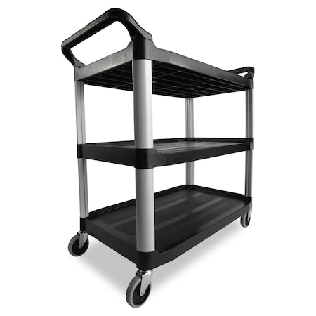 Rubbermaid Commercial Dual-Handle Utility Cart with Lipped Plastic Shelves, Plastic, 300 lb Load Capacity, 3 Shelves FG409100BLA