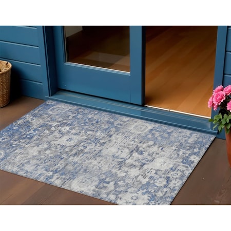 Homeroots 3' X 5' Blue And Denim Blue Floral Washable Indoor Outdoor Area Rug 609528