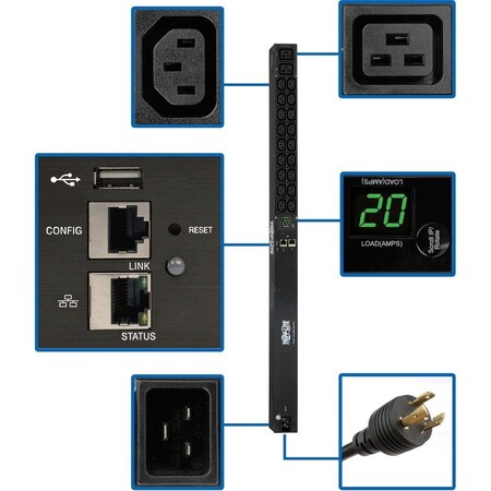 Eaton 3.7kW Single-Phase 208/230V Monitored PDU - LX Platform, 18 C13, 2 C19 Outlets, C20 / L6-20P PDUMNV20HV2LX