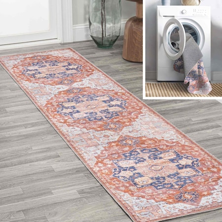 Jonathan Y Maris Ornate Medallion Machine-Washable Terracotta/Navy 2 ft. x 8 ft. Runner Rug WSH109A-28