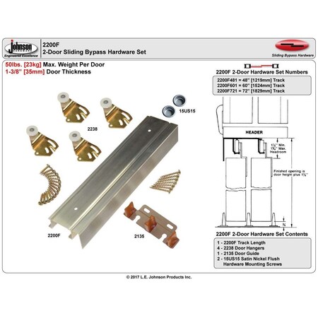 Le Johnson Track Set Bypass Door 60 in L F/ 1-3/8 in 2200F601