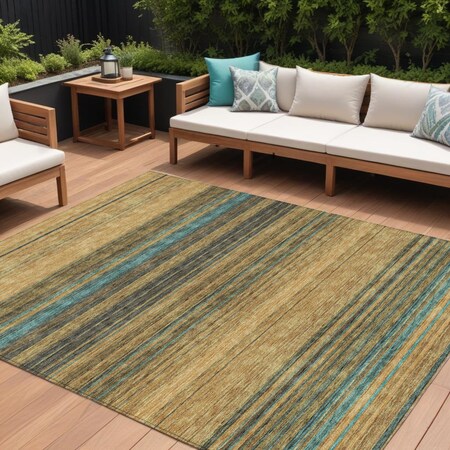 Homeroots 10' X 14' Wheat Brown And Teal Blue Striped Washable Indoor Outdoor Area Rug 614856