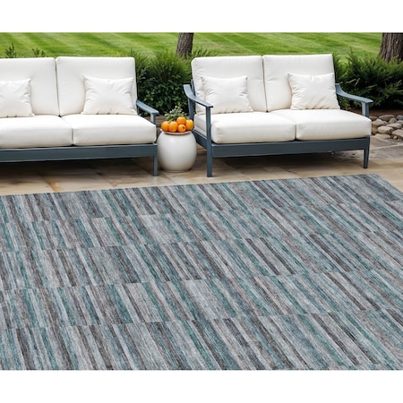 Homeroots 9' X 12' Teal Blue Aqua And Gray Striped Washable Indoor Outdoor Area Rug 587942