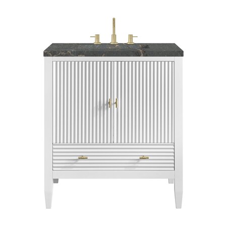 James Martin Vanities Myrrin 30" Single Vanity, Bright White w/ 3 CM Parisien Bleu Silestone Top 485-V30-BW-3PBL