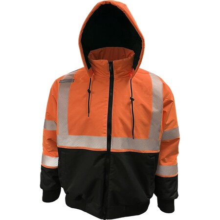 Reflective Apparel ANSI Type R Class 3 Water-Resistant Bomber Jacket with Breakaway Snap Off Hood 430PS-OB-XT