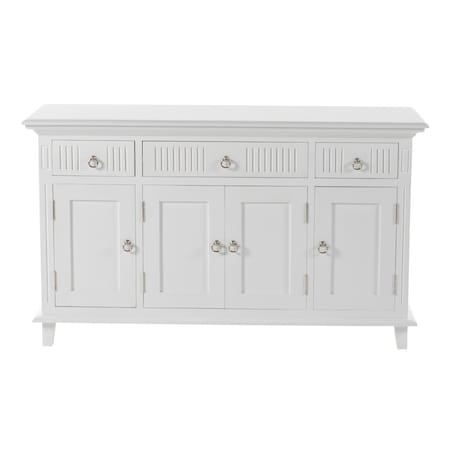 Homeroots 59in White Solid Wood Paneled Three Drawer Buffet Table with Four Doors 523210