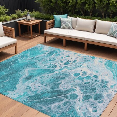 Homeroots 9' X 12' Teal Blue And Ivory Abstract Washable Indoor Outdoor Area Rug 618326