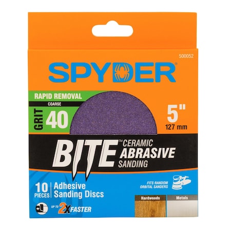 Spyder 5-Inch x No Hole 40 Grit Ceramic Pressure Sensitive Adhesive with Stearate Sanding Discs, 10PK 500052