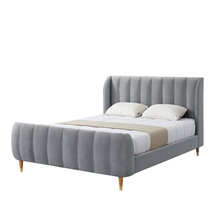 Homeroots Gray Solid Wood King Tufted Upholstered Velvet Bed Frame 544851
