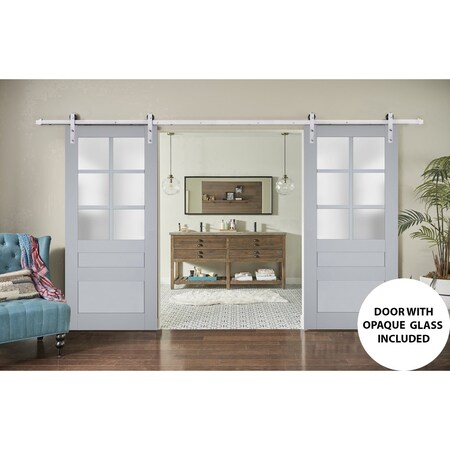 Sartodoors Sturdy Double Barn Door with Frosted Glass Grey 48x96 (2* 24x96) Solid Core Modern Interior VEREGIO7339DB-S-GRE-4896