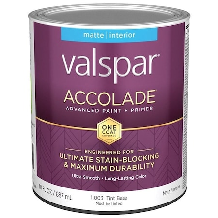 Valspar Accolade 1100 Latex Paint, Acrylic Base, Matte, Tint Base, 1 qt, Plastic Can 028.0011003.005