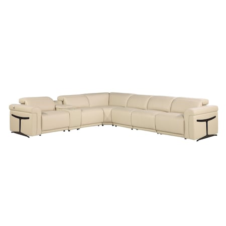 Homeroots Beige Italian Leather Modular L Shaped Seven Piece Corner Sectional With Console 534848