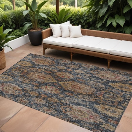 Homeroots 8' X 10' Navy Blue Brown And Terra Cotta Damask Washable Indoor Outdoor Area Rug 603602
