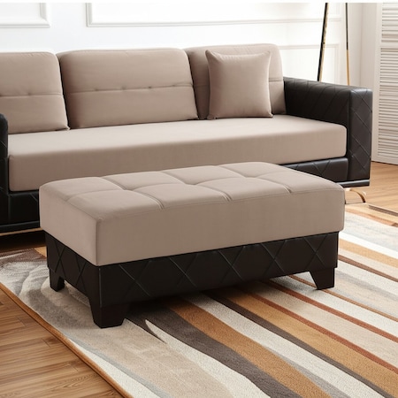 Homeroots 48" Taupe and Espresso Faux Leather And Microfiber Tufted Storage Ottoman 608925