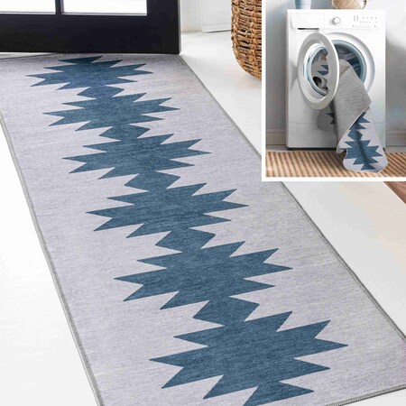 Jonathan Y Chayton Minimalist Geometric Non-Slip Machine-Washable Gray/Blue 2 ft. x 8 ft. Runner Rug WSH110D-28