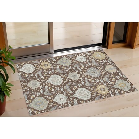 Homeroots 3' X 5' Brown Gray And Ivory Damask Washable Indoor Outdoor Area Rug 599400