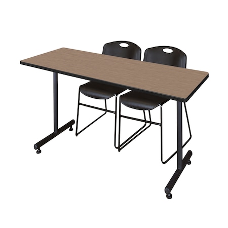 Regency Kobe T-Base Training Seminar Table W/ 2 Zeng Stack Chairs, 66 in W, 30 in L, Noble Oak MKTRCT6630NO44BK