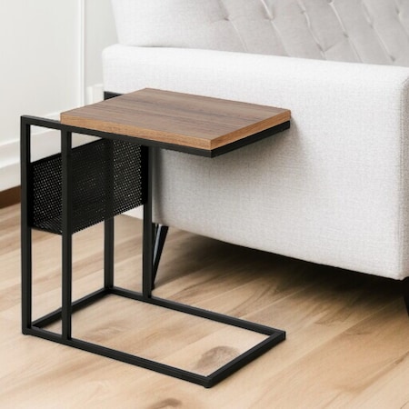 Homeroots 22" Brown and Black Wood and Steel End Table With Magazine Holder 544227