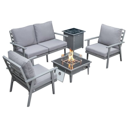 Leisuremod Walbrooke Modern Grey Patio Conversation With Square Fire Pit With Slats Design & Tank Holder, Grey WGRS-27-20-57-31-GR