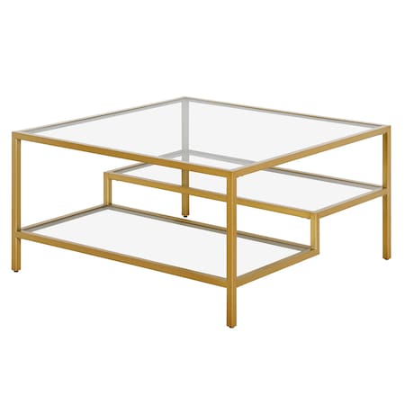 Homeroots 32" Gold Glass And Steel Square Coffee Table With Two Shelves 520971