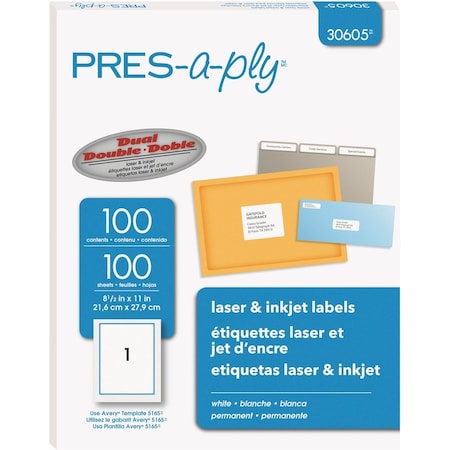 Avery Pres-A-Ply Laser Address Labels, 8-1/2 x 11, White, 100/Box 30605